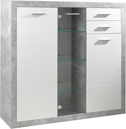 Sideboard Anrichte Mehrzweckschrank Weiss Hochglanz Betonoptik Glastur Schubladen Amazon De Kuche Haushalt