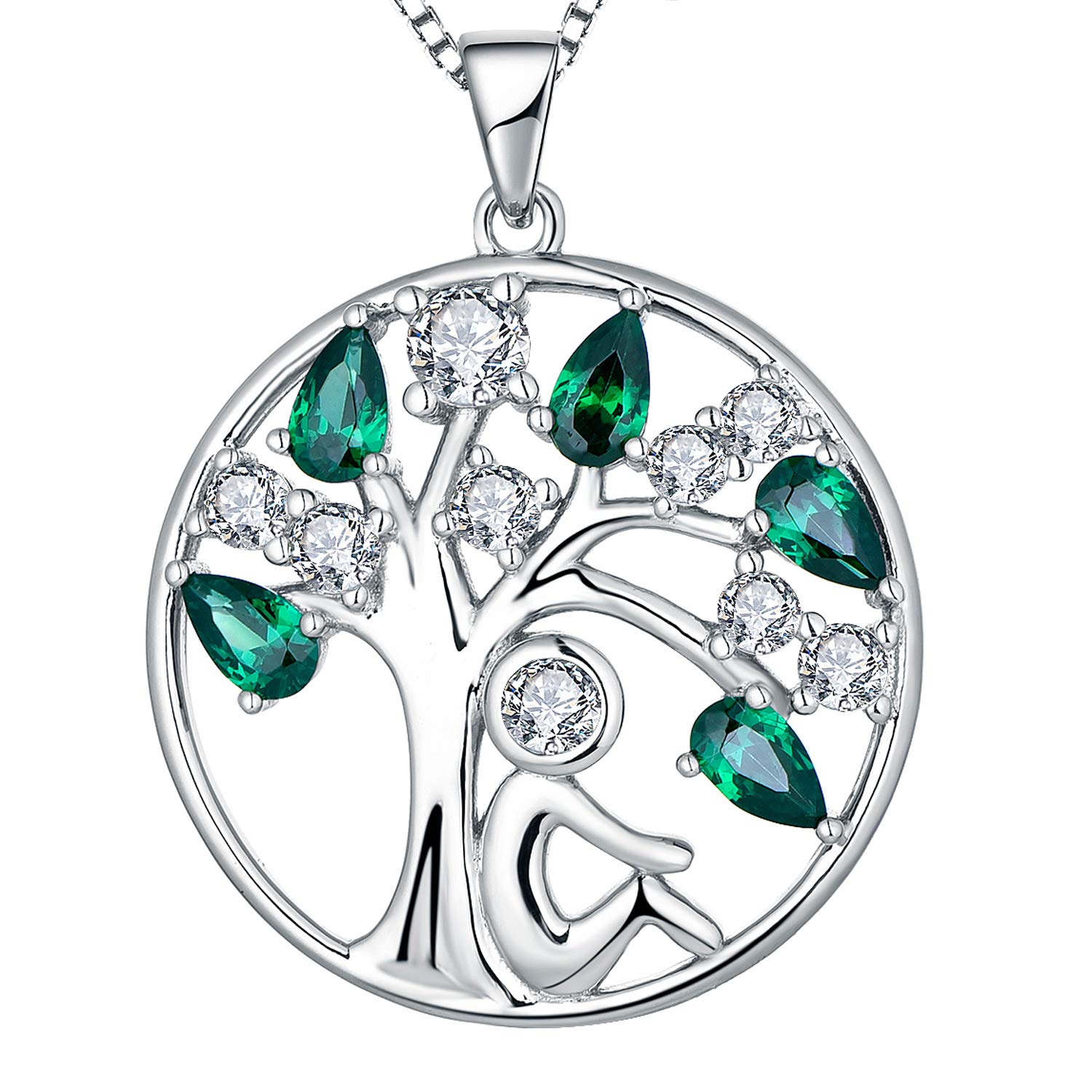 YL Tree of Life Necklace 925 Sterling Silver cut May Birthstone Green Cubic Zirconia Family Tree Girl Pendant Necklace for Women,45+5CM