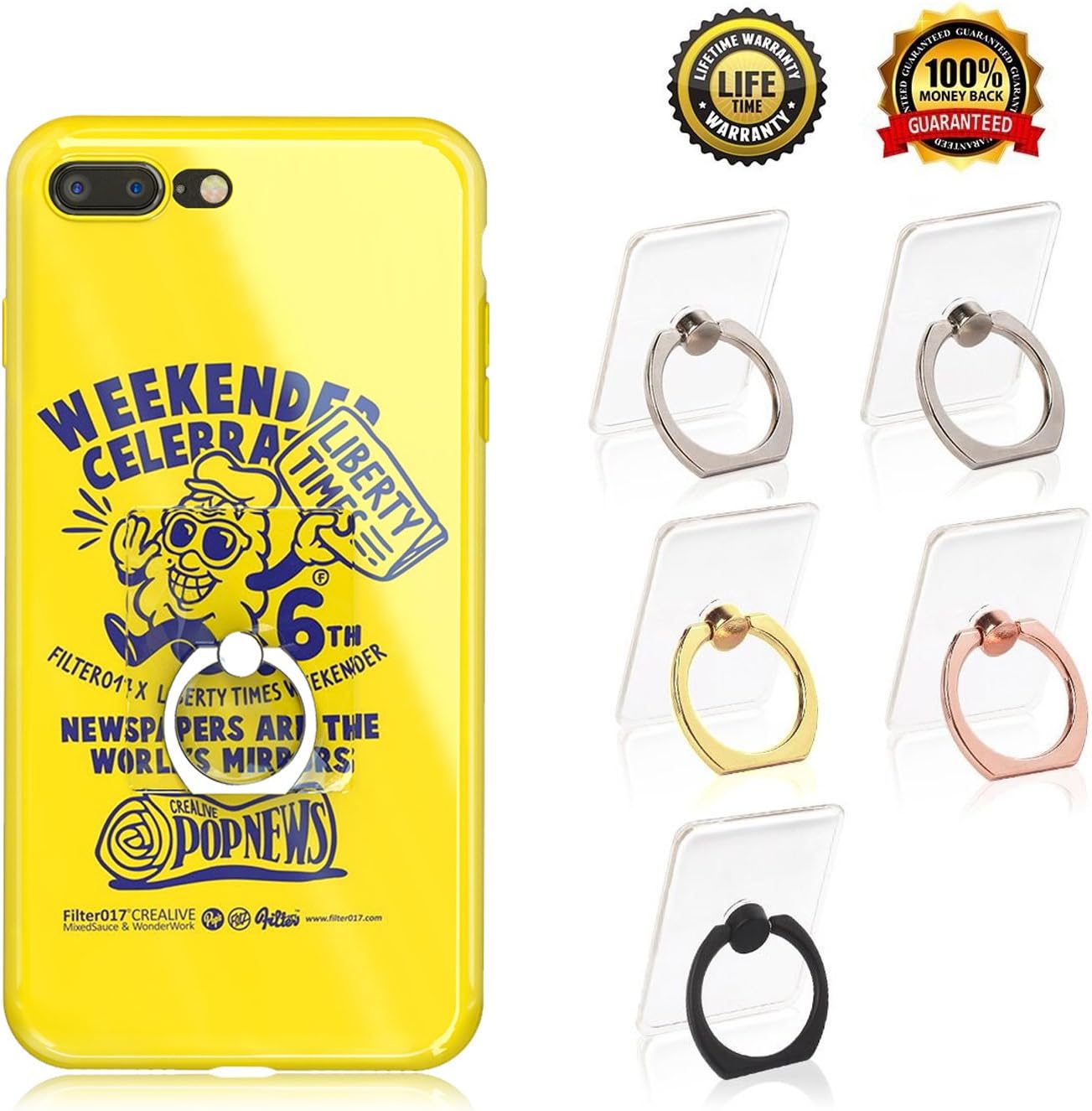 Transparent Cell Phone Ring Holder, Adjustable 360 Degree Rotation and 180°Flip Finger Ring Stand, iPhone and iPad tablet Ring Holder (5 Pack Mix color)