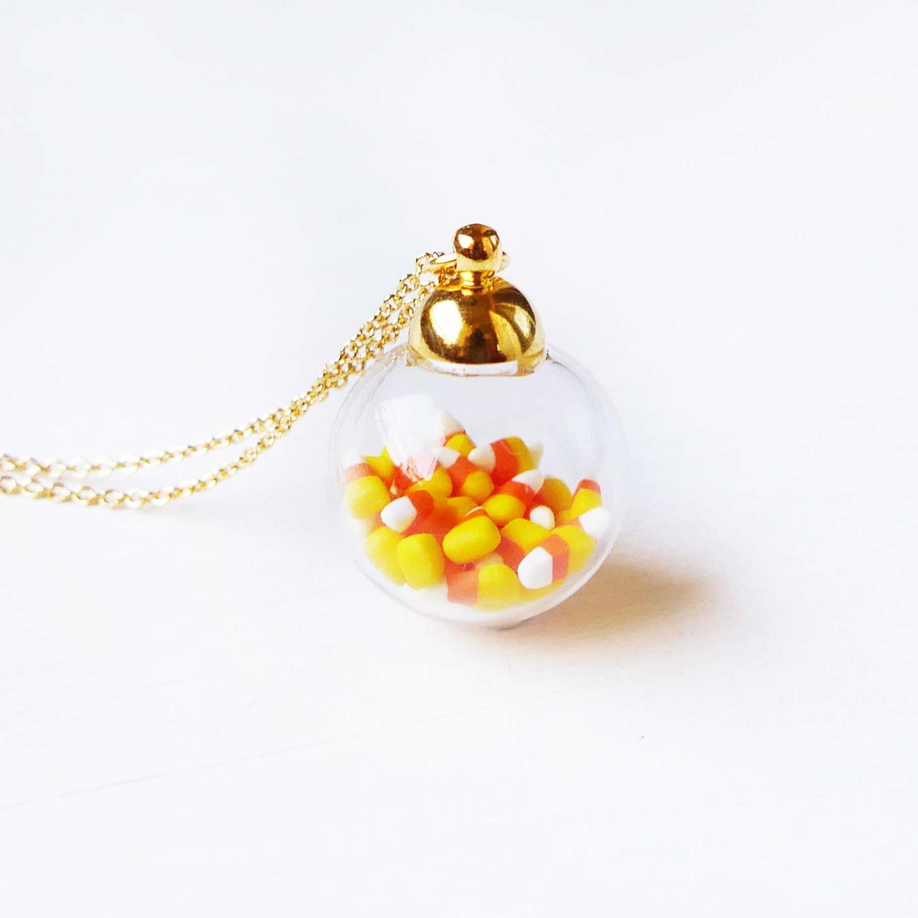 Elfi Handmade Cute Tiny Candy Corn in Mini Glass Jar Necklace Miniature Dessert Food Jewelry, Halloween Gift, Kawaii, Best selling, Perfect for Christmas gifts