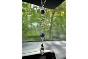 AGROMUSK Moon and Star Rear View Mirror Accessories,Crystal Amethyst Stone Bead Car Decor Boho Witchy Suncatcher Healing Car Charm Hanging Ornaments for Women Men