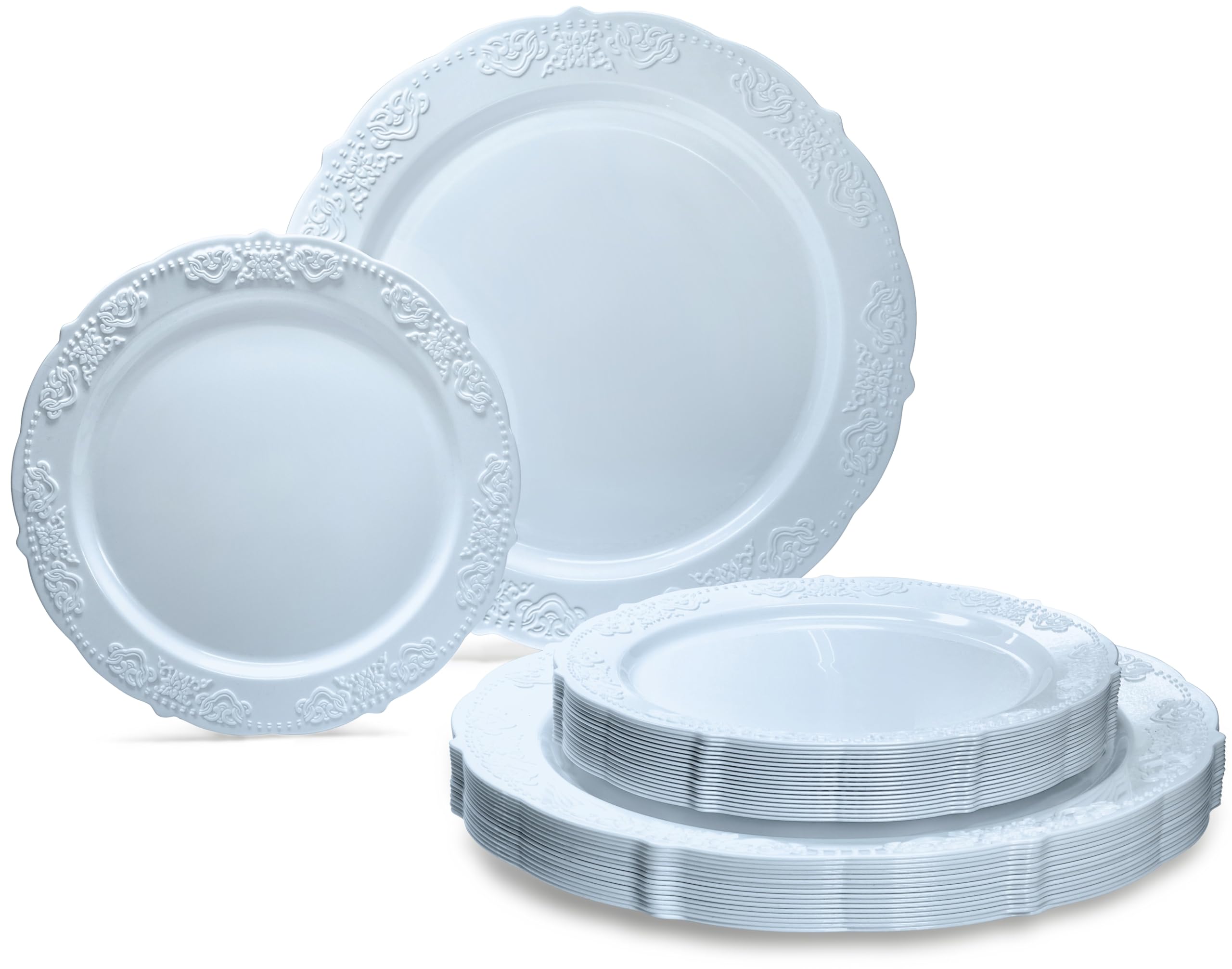 Photo 1 of " OCCASIONS " 50 Plates Pack (25 Guests) Vintage Wedding Party Disposable Plastic Plate Set -25x10.25'' Dinner +25x7.5'' Salad/Dessert plates (Portofino Plain Blue)
