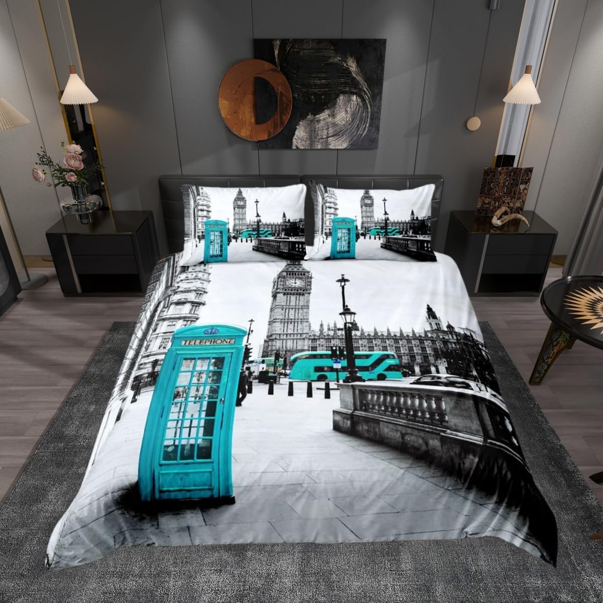 feelingyou London City Bedding Set King Size,Retro Grey Street Scenery Duvet Cover Set for Children Xmas Bedroom Present, Blue Telephone Booth Bus Microfiber Comforter Cover with 2 Pillowcases