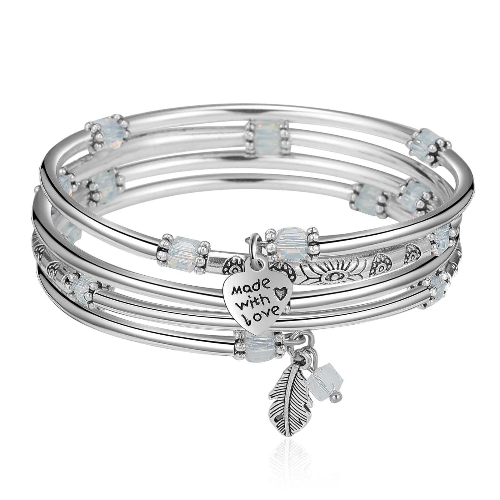 FULU AUTUMN Silver Bangle Pearl Stacking Bracelets Boho Handmade Wrap Bracelet Fashion Jewellery Gift for Women(57-Opal)