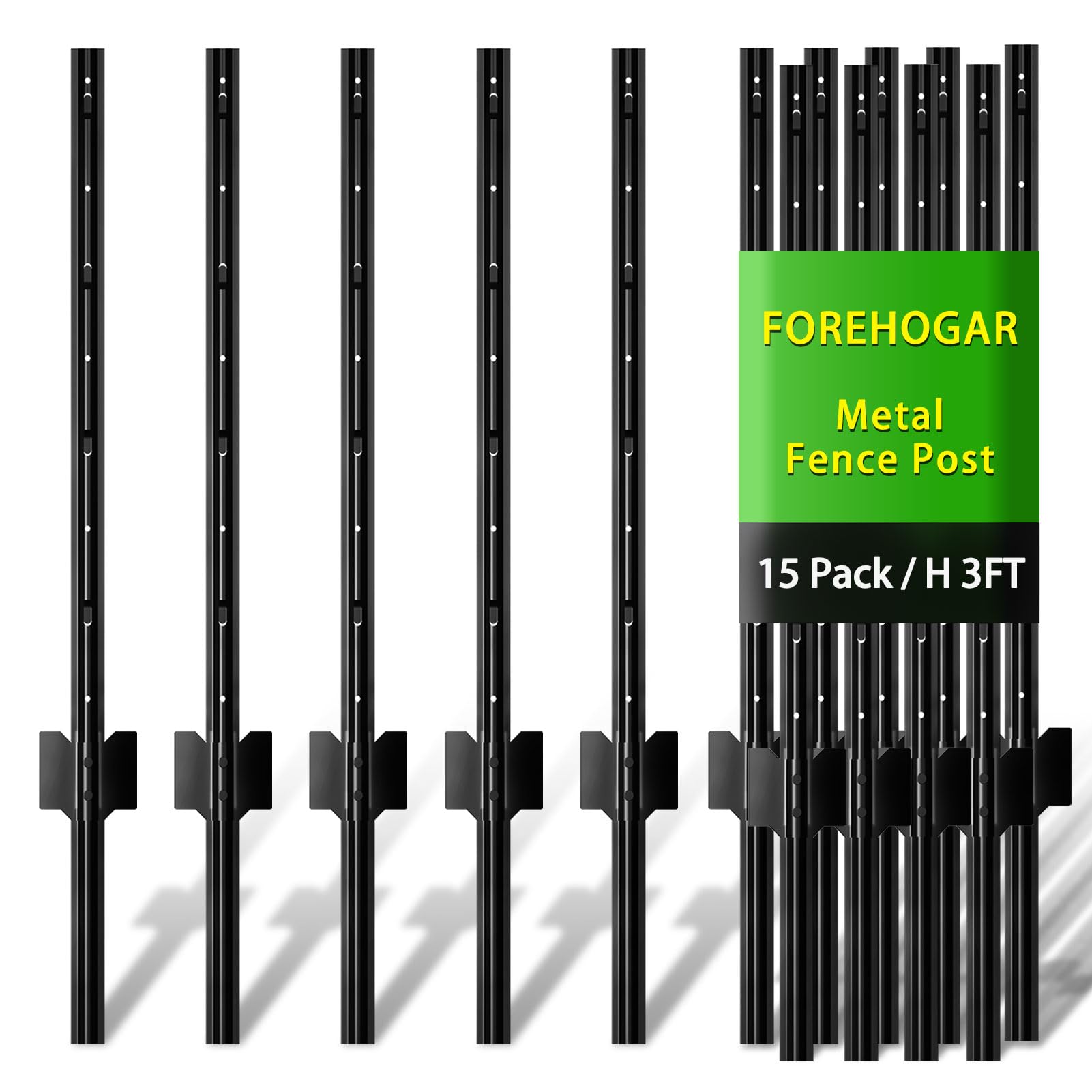 Photo 1 of FOREHOGAR Metal Fence Post 3 Feet Black, Pack of 15, T Posts for Wire Fence, No Dig Steel U Posts Fencing for Lawn Garden Wire Mesh Fence Poles Sign Outdoor Light Duty