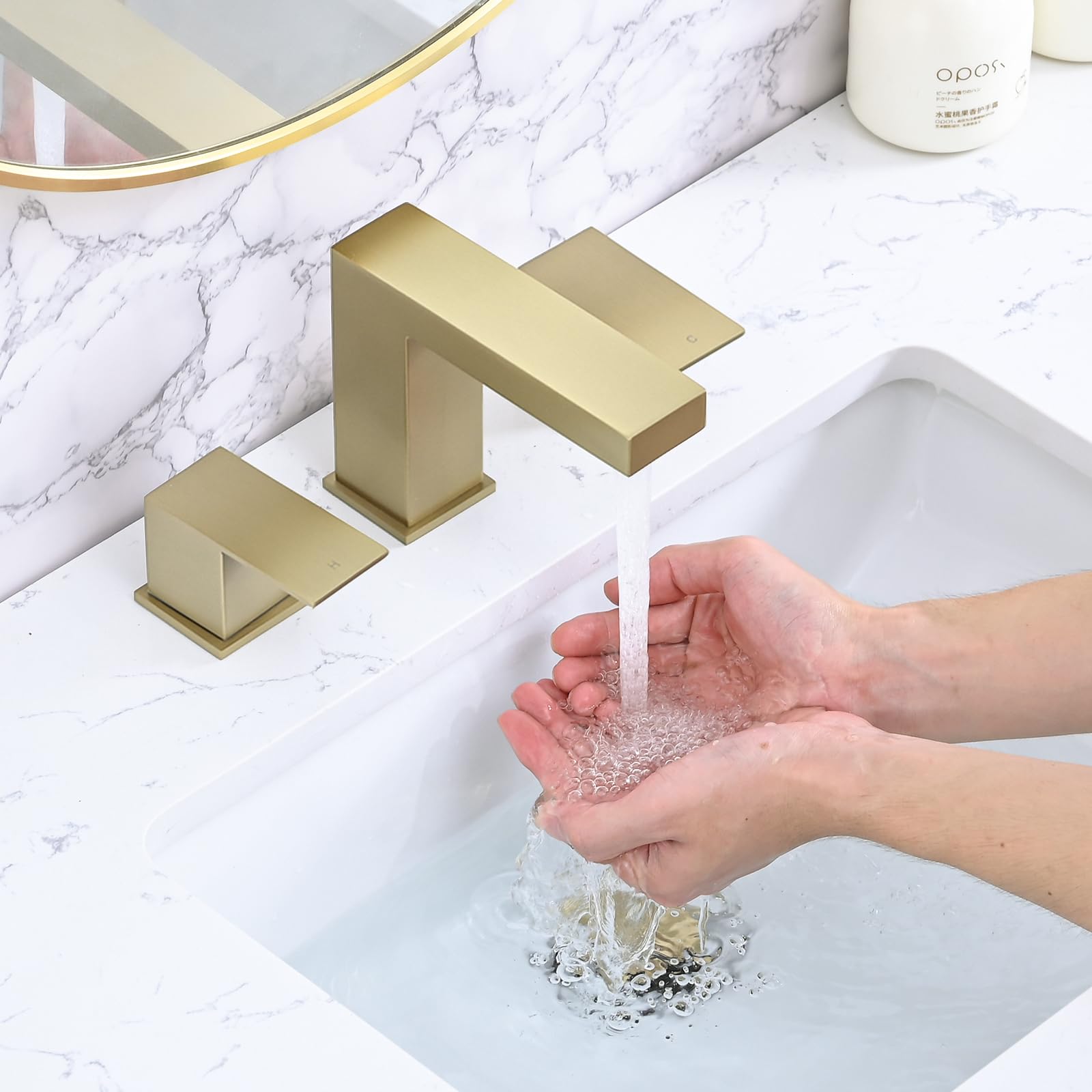 Photo 1 of RAINREVIVE Bathroom Faucet 3 Hole, 8 Inch Widespread Bathroom Sink Faucets, 2 Handle Bathroom Faucets for Sink, Modern Rv Lavatory Vanity Faucet with Pop Up Drain and Supply Hoses, Brushed Golden