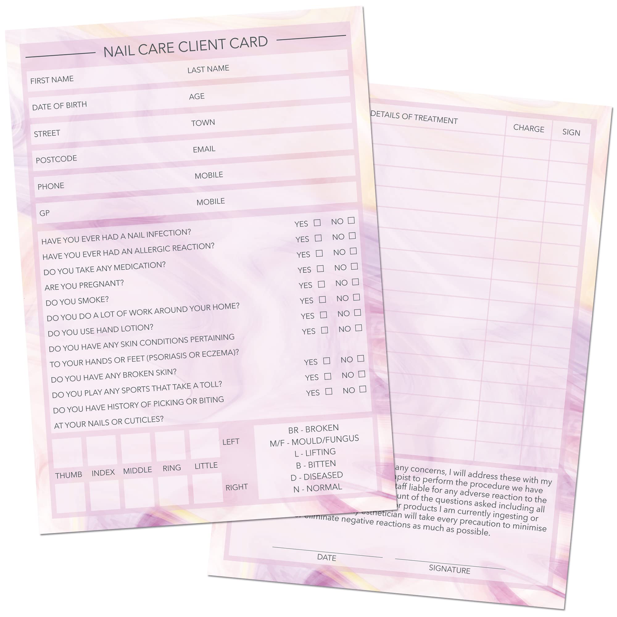 Nail Care Client Cards A6 Size - Salon and Therapist Customer Consultation Record - Treatment Services Essentials - Profile and Recording Forms - Beauty Stationery - 105x148mm - Pack of 25