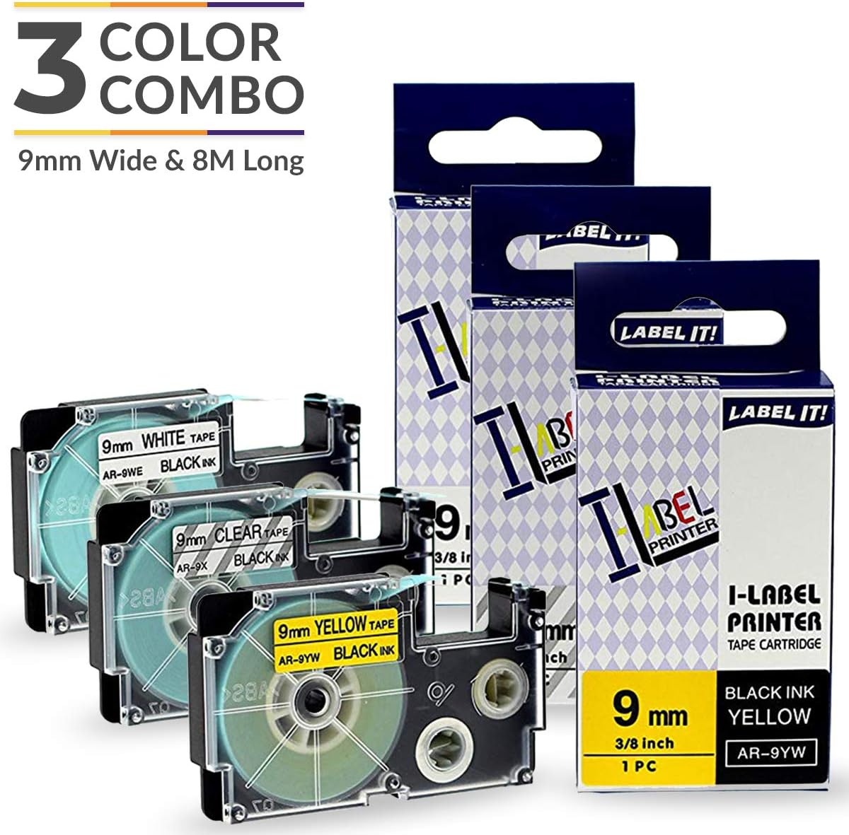 UBICON Label Tape Compatible for CASIO KL EZ-Label Printers - Three Color Combo: Black on Clear, White and Yellow; 9 mm (3/8 inch) Wide and 8 Meters (26.2 feet) Long;