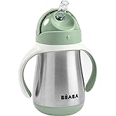 Beaba Stainless Steel Straw Sippy Cup, Insulated Toddler Cups Spill Proof with Removable Handles, Made with High Grade Stainless Steel, 8+ Months, 8 oz (250mL), (Sage)