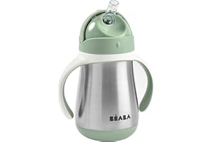 BÉABA Beaba Stainless Steel Straw Sippy Cup, Insulated Toddler Cups Spill Proof with Removable Handles, Made with High Grade Stainless Steel, 8+ Months, 8 oz (250mL), (Sage)