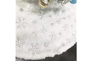 CHICHIC 48 Inch Large Christmas Tree Skirt White Tree Skirt Xmas Faux Fur Tree Skirts Christmas Decorations for Holiday Tree Ornaments Christmas Party Home Decorations with Sequin Silver Snowflakes
