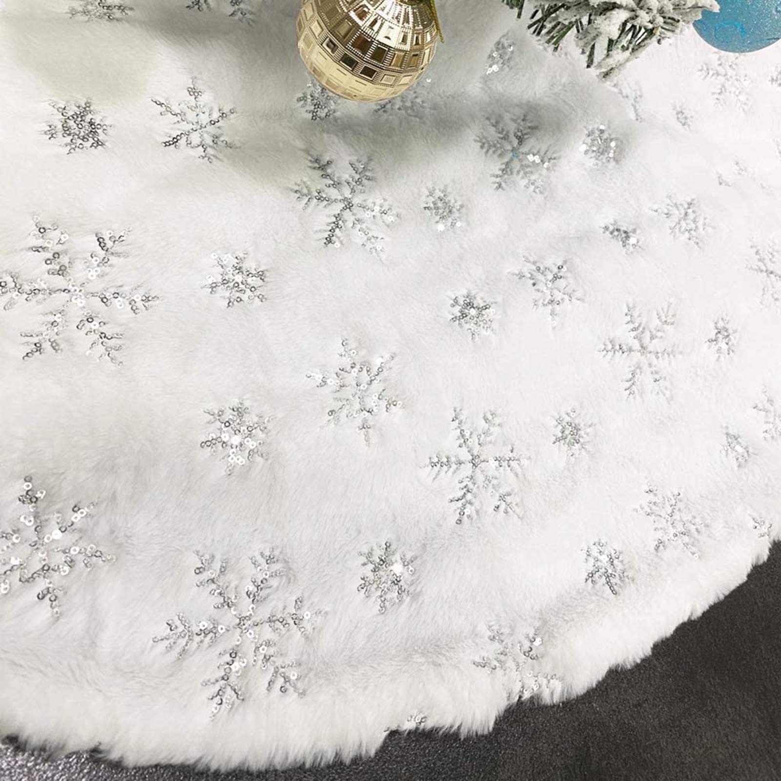 Photo 1 of CHICHIC 48 Inch Large Christmas Tree Skirt White Tree Skirt Xmas Faux Fur Tree Skirts Christmas Decorations for Holiday Tree Ornaments Christmas Party Home Decorations with Sequin Silver Snowflakes