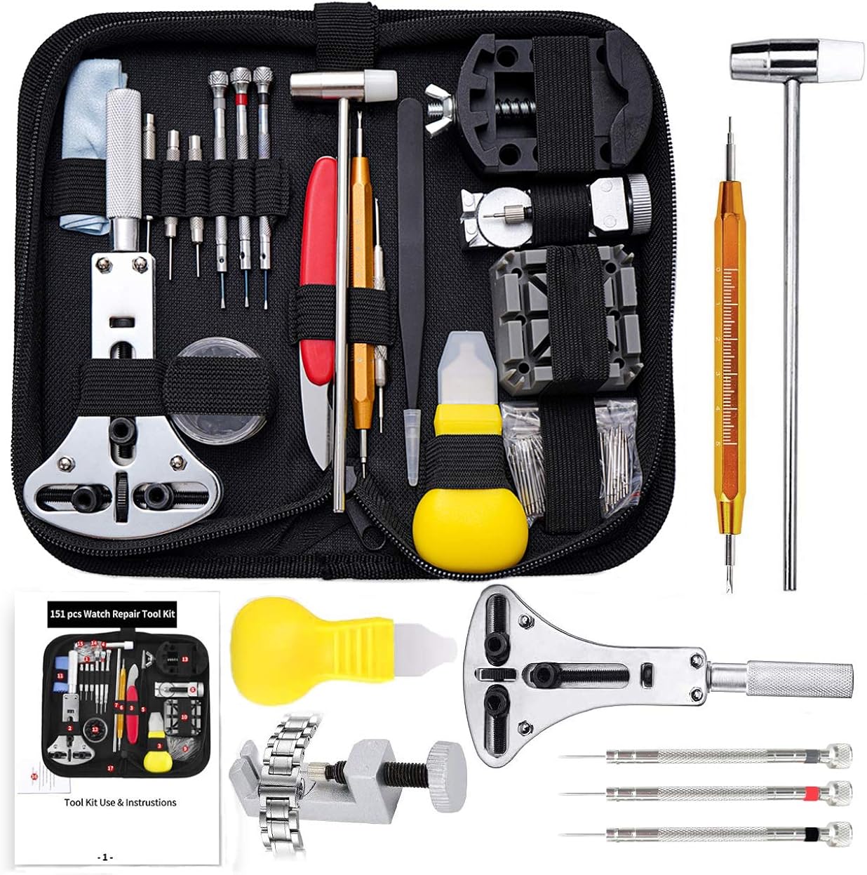 Skydon Watch Repair Kit Professional Deluxe Set with Batteries Replacement Kit, Watch Link Removal Tool, Watch Back Case Opener Tool, Spring Bar Tool for Watch Band and Instruction Manual: Watches