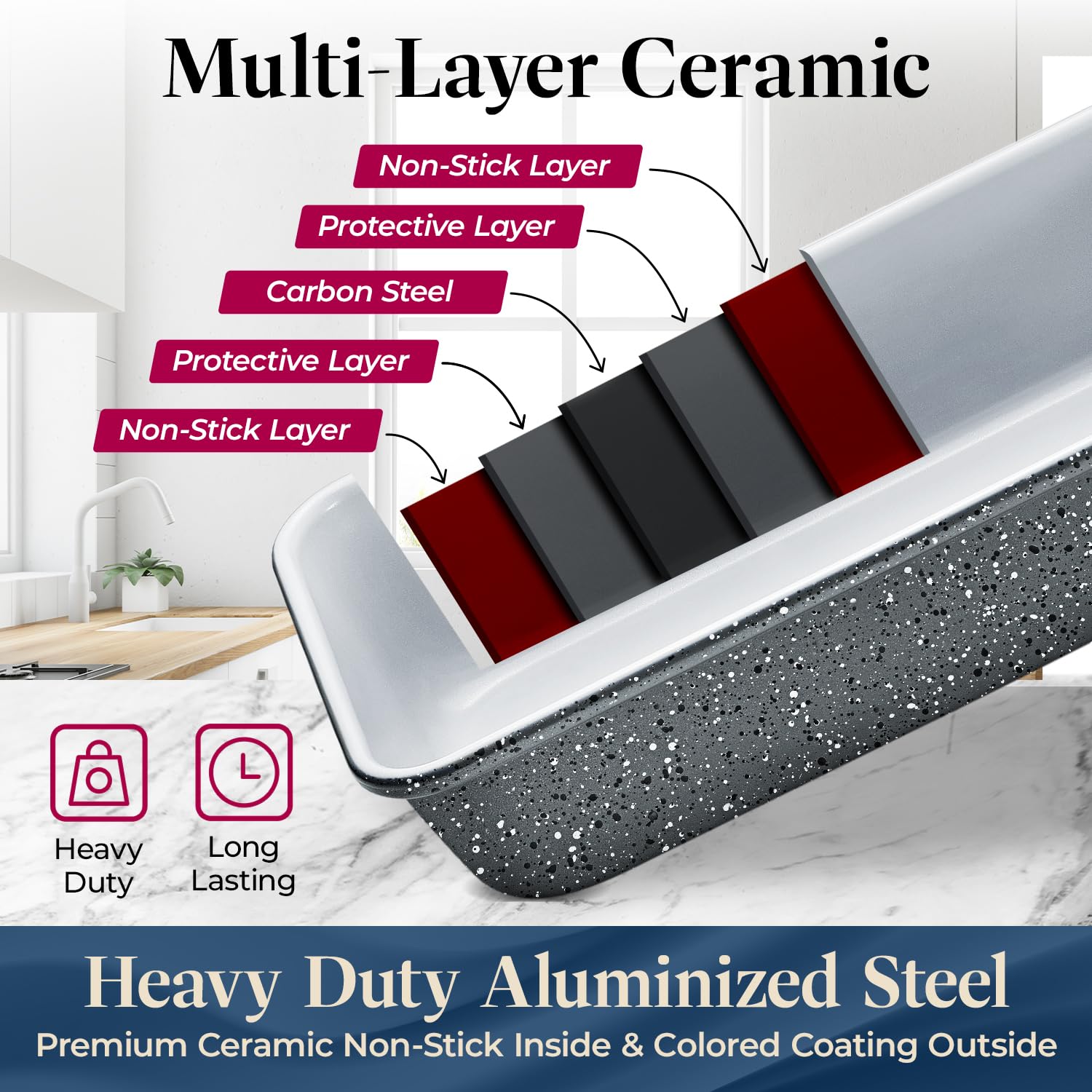 Bakken 8-Piece Stackable Bakeware Set - Ceramic Non-Stick Coating, Baking Sheets, Assorted Baking Pans, PTFE, PFOA & PFOS Free - Healthy Baking, Ergonomic Handles, Cooling Rack, Non-Toxic, Oven-Safe