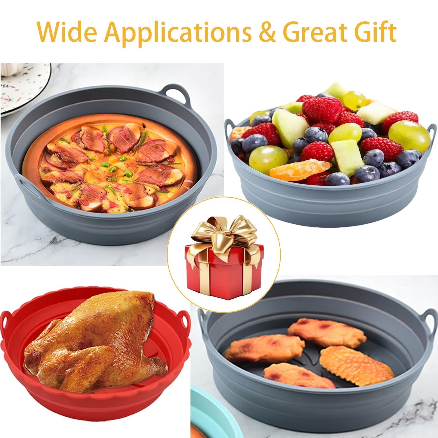 EAWON 2 Pack AirFryer Silicone Liners with Reusable AirFryer Liner Pot Bake Tray 8'' Silicone Airfryer Liner Basket Bowl Mat Non-Stick 3-7 QT Oven Microwave Accessories