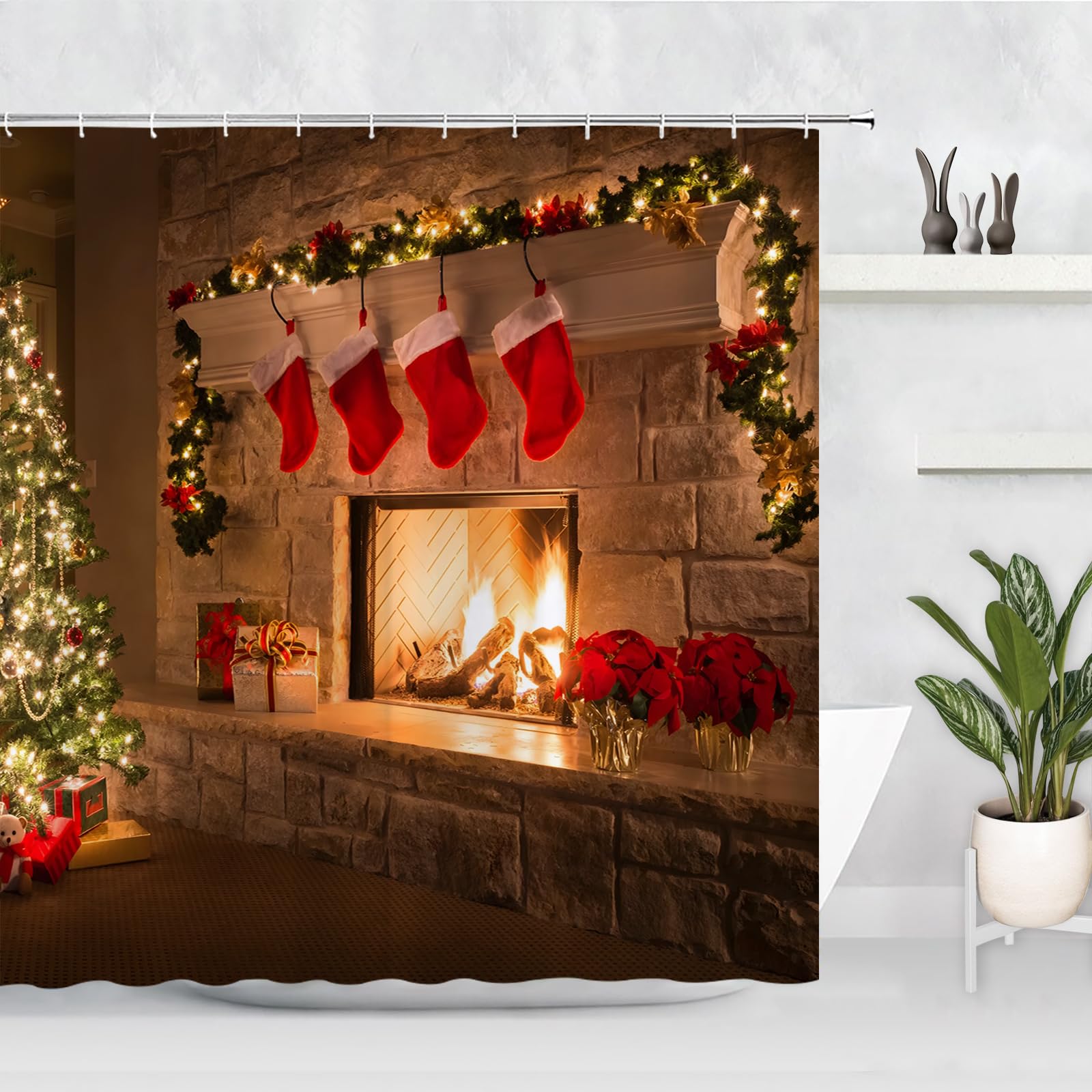 Gaakvrr Christmas Fireplace Winter Interior Xmas Tree Stockings Home Shower Curtain for Bathroom Decor Machine Washable 200x180cm