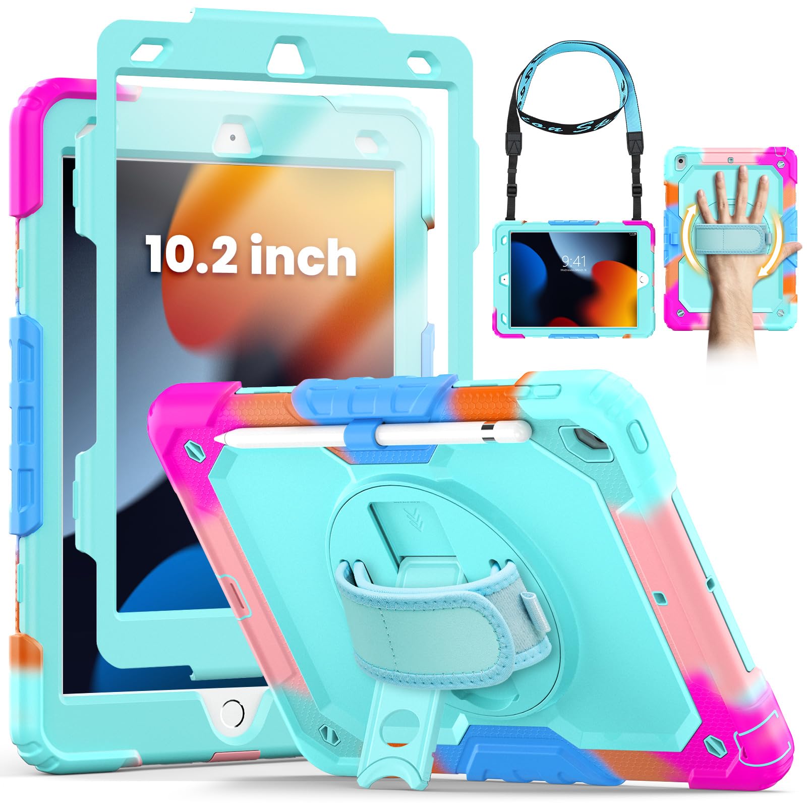 SEYMCY for iPad 9th/8th/7th Generation Case Kids 10.2 inch, Shockproof Sturdy with Rotating Hand Strap & Stand, Screen Protector, Shoulder Strap, Pen Holder for iPad Cover 2021~2019, Camo/Sky Blue — image 1