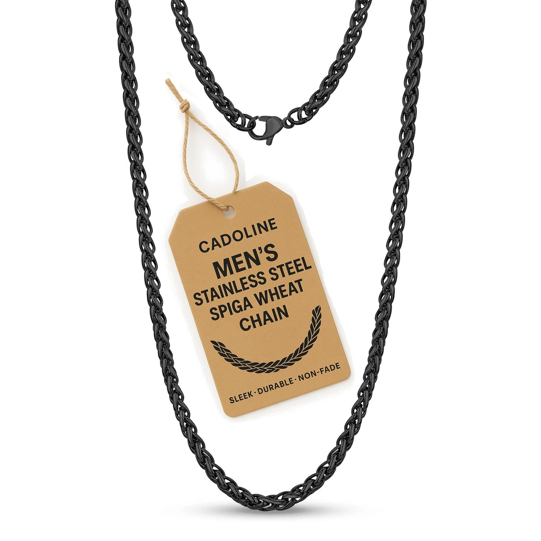 Cadoline Black 316L Stainless Steel Mens Thin Chain Jewellery Wheat Braid Rope 5mm 22 Inch Necklace