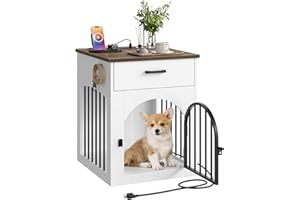 CHOEZON Dog Crate Furniture, Wooden Dog House with Charging Station and Storage Drawer, Indoor Pet Crate End Table for Small Breeds, for Living Room, Bedroom, White and Walnut MGW01UWL