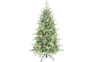 CLOUFAIRY 4 FT Prelit Artificial Skinny Christmas Tree,Blue Spruce Slim Pencil Xmas Tree with 566 PE&PVC Mixed Branch Tips and 130 UL Listed Clear Lights,Hinged Pine Tree with Metal Stand for Home Office Décor