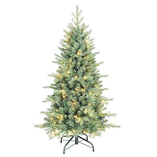 4 FT Prelit Artificial Skinny Christmas Tree,Blue Spruce Slim Pencil Xmas Tree with 566 PE&PVC Mixed Branch Tips and 130 UL Listed Clear Lights,Hinged Pine Tree with Metal Stand for Home Office Décor