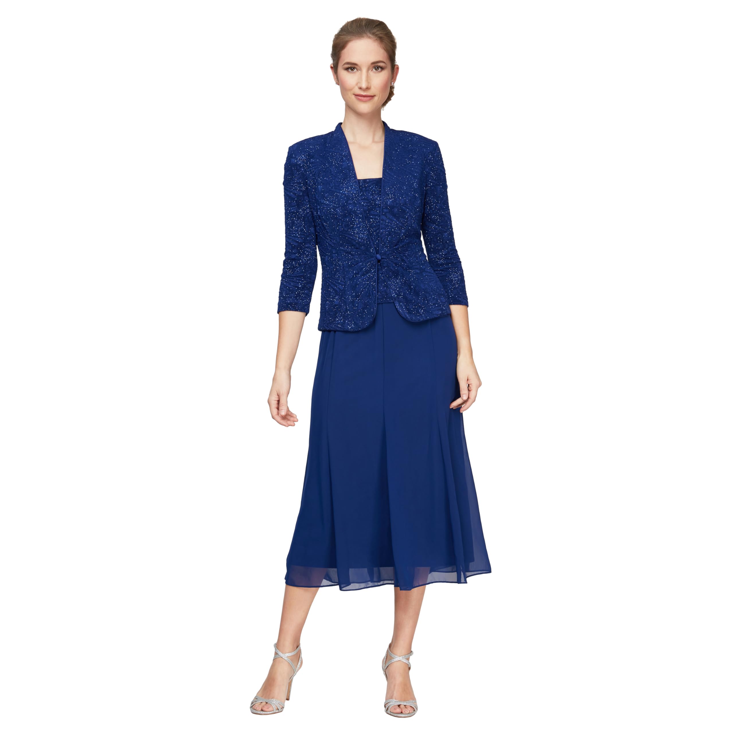 Alex Evenings Women’s Tea Length Jacket Dress, Perfect for Weddings, Formal Events (Petite and Regular Sizes), Electric Blue Tea Length, 14P
