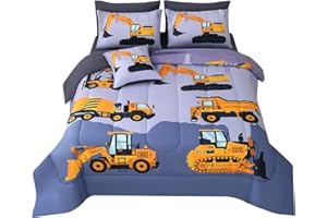 JQinHome Construction Twin Bedding Sets for Boys Kids,6 Piece Bed in A Bag 3D Cartoon Car Excavator Tractor Comforter Set wit