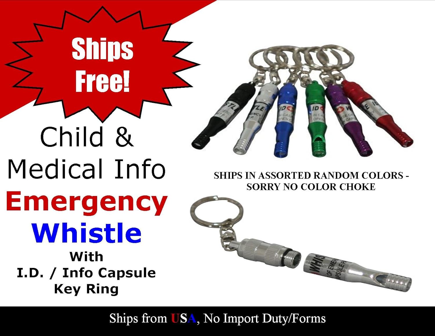 VAS Child & Medical Emergency Whistle with ID / Medical Info Capsule