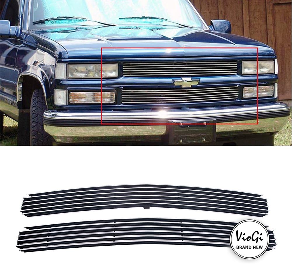 VIOJI 2pcs Main Upper Aluminum Polished Billet Grille with Hardware+Instruction for 94-99 Chevy Blazer (6 Bars) & 94-99 Chevy C K Pickup & 94-99 Chevy Suburban & 95-99 Chevy Tahoe