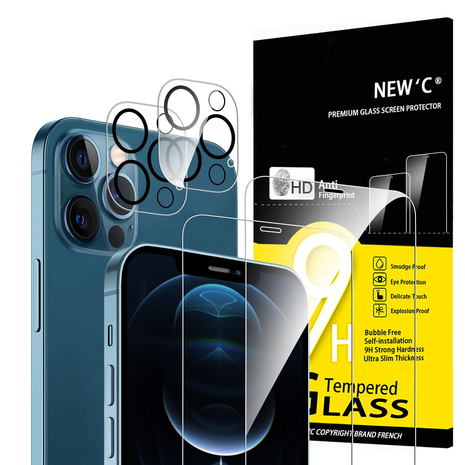 NEW'C 4 Pack, 2 Pack for iPhone 12 Pro Screen Protector + 2 Pack Camera Lens Protector, Sensor Protection,Case Friendly Tempered Glass Film