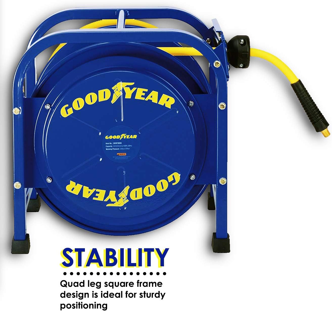GOODYEAR Air-Hose-Reel Retractable 3/8" Inch x 100 Feet 300 Psi / 20 Bar Spring Driven Steel Elite Portable Quad Pod Heavy Duty Industrial Longest Premium Commercial Flex Hybrid Polymer - - 
