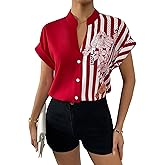 Pantete Womens Patchwork Button Down Shirt V Neck Short Sleeve Striped Blouse Tops