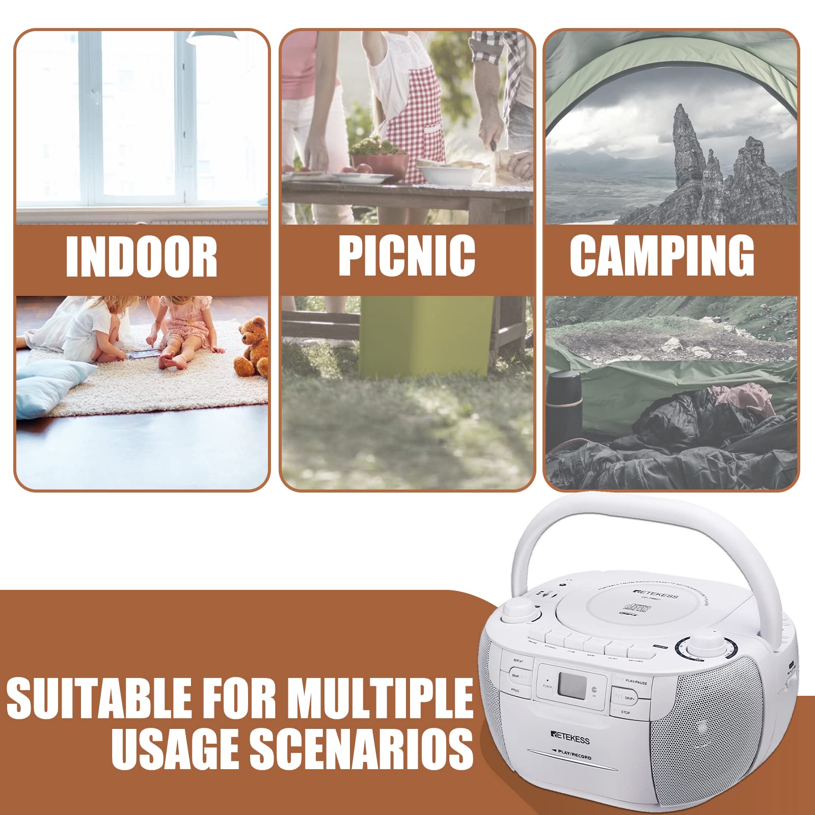 Retekess TR621 CD and Cassette Player Combo, Boombox CD Player for Home, AM/FM, Tape Recording, TF/USB Drive, AC or D Battery Powered, Headphone Jack, Stereo Sound (White)