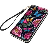 stmedazm Butterfly Flower Print Women Large Capacity PU Leather Zip Around Wallet, Multifunctional Clutch Purse for Cash/Card/Coin/Smart Phone