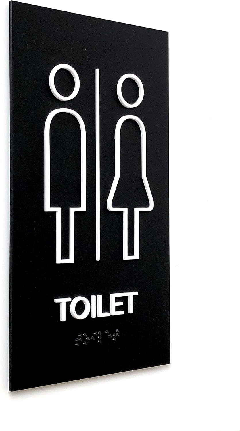 Kubik Letters Unisex Toilet Sign for Business with UK Standard Braille Cell Modern Door Sign for All Gender Restroom with 3M Double Sided Tape
