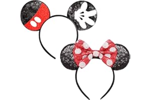 RCRAJE 2 Pcs Mouse Ears Sequin Headbands for Women, Mouse Ears Bows Headbands for Princess Decoration Cosplay Birthday Christmas Party (Palm+polka Dot)