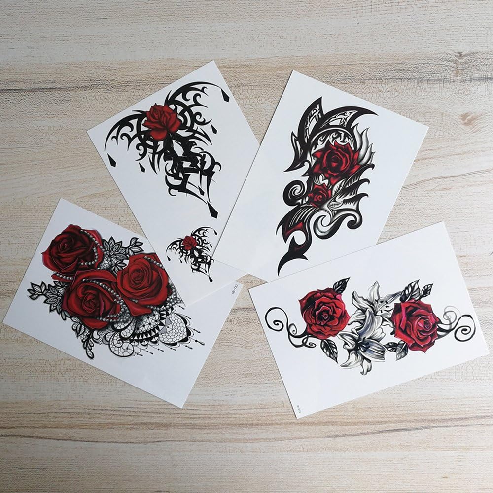 Yesallwas 4 Sheets Large Temporary Tattoo Sticker Fake Tattoos for Women Girls Models,Waterproof Long Lasting Body Art Makeup Sexy Realistic Arm Tattoos -Rose - Image 4