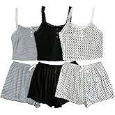 Milumia Women's 3 Pack Pajama Set Striped Polka Dots Printed Lace Trim Cami Crop Top and Bow Shorts Set