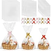 Labeol 50pcs Cellophane Bags 3 Sizes Cellophane Wrap for Gift Baskets 24x30 16x24 12x18 Large Clear Plastic Packaging Bags with 50 Pull Bows for Gift Wrapping