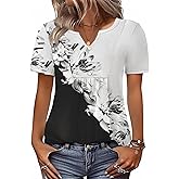 Zeagoo Womens Short Sleeve Tops Summer Henley V-Neck Tshirts Casual Pleated Blouse Dressy Loose Floral Basic Tee