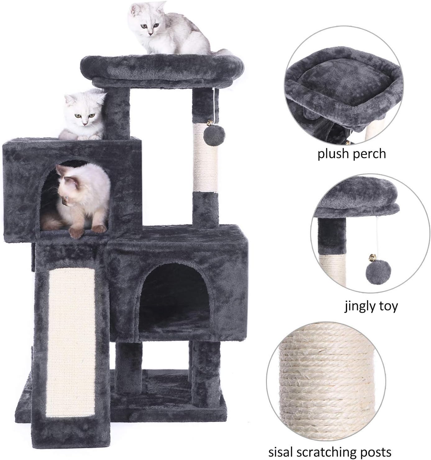 BEWISHOME Cat Tree Condo with Sisal Scratching Posts, Scratching Board, Plush Perch and Dual Houses, Cat Tower Furniture Kitty Activity Center Kitten Play House, Grey MMJ10B : Pet Supplies
