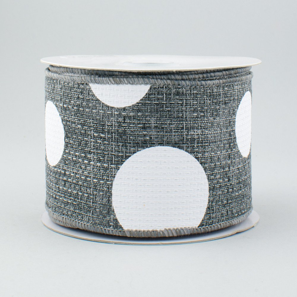 Giant Multi Dots Faux Burlap Wired Edge Ribbon - 2.5 Inch x 10 yards (Grey, White) : RG0120010