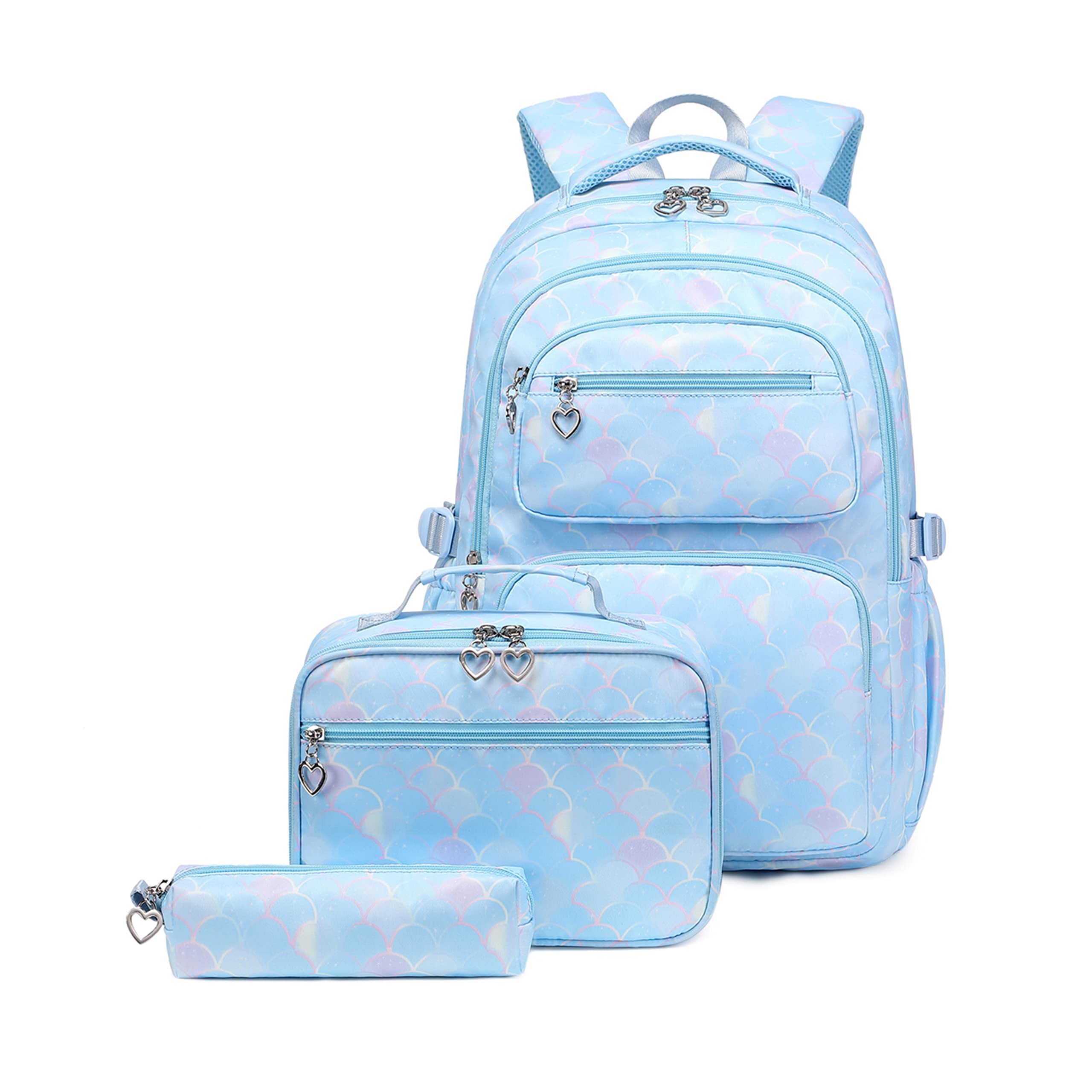 3Pcs Mermaid Scale Backpack Set for Girls with Lunchbox ＆ Pencil Case, Mermaid Girls Backpack School Bag and Lunch Bag Set
