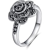 Shefashion Women's Vintage Black Marcasite Rose Flower Rings Size 7-10