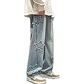 FCOOLYEET Mens Y2k Jeans Hip Hop Baggy Star Denim Pants Straight Leg Demin Joggers Aesthetic Graphic Jeans Streetwear