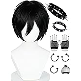 Half and Half Short Black EmoCostume Wig Set Men's Black Anime Cosplay Layered Spiky Wigs Synthetic Hair for Unisex Halloween Party