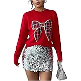 GORGLITTER Women's Valentine Sweater Bow Sequin Plaid Cute Long Sleeve Crew Neck Knit Trendy Pullover Jumper Tops