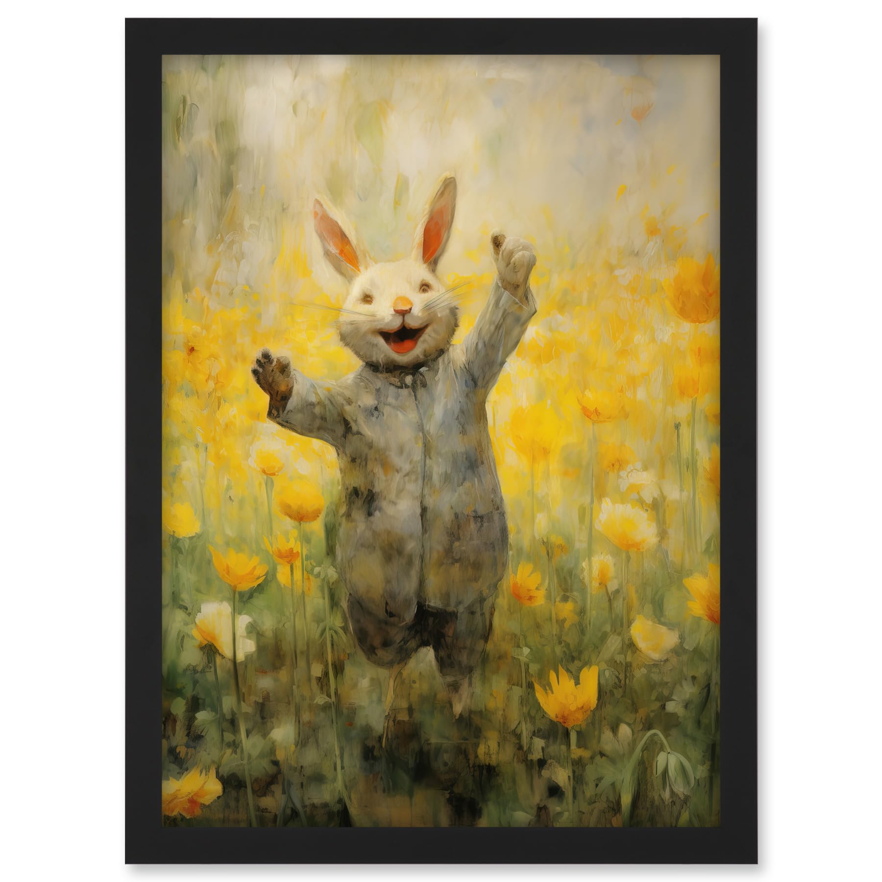 Artery8 Tulips and Rabbit Watercolour Fun Kids Baby Nursery Artwork Framed A3 Wall Art Print