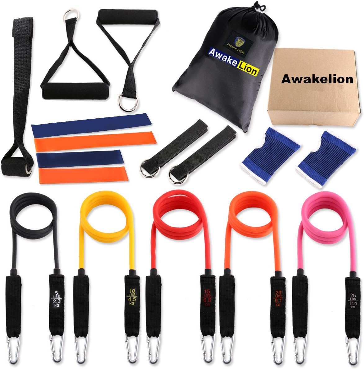 Awakelion Resistance Band Set with Door Anchor, Handles, Ankle Strap, and Wrist Support Perfect for Fitness Gym Exercise Training