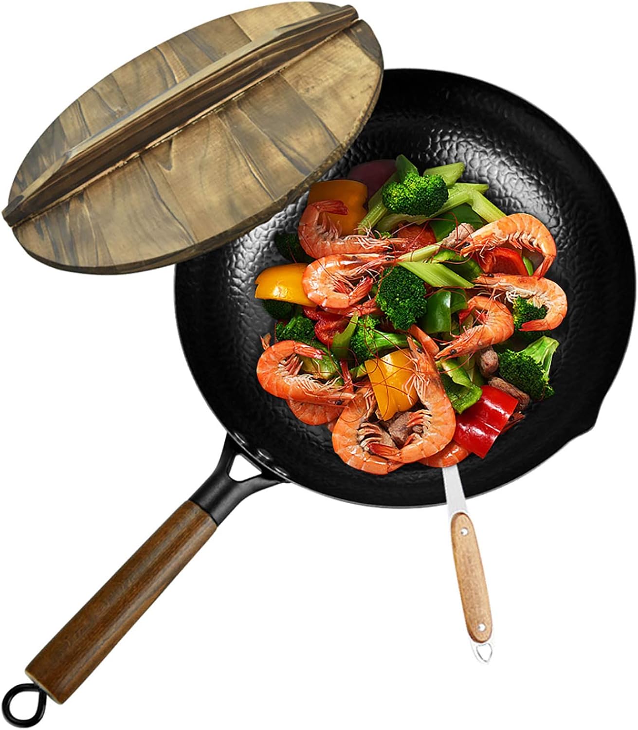 Wok pan carbon steel wok For gas stoves And electric Induction, 12.5 inch non-stick wok With wooden spatula And lid: Kitchen & Dining
